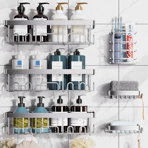 Veken Shower Caddy 6-Pack, Bathroom Organizers and Storage, Matte Silver by Veken