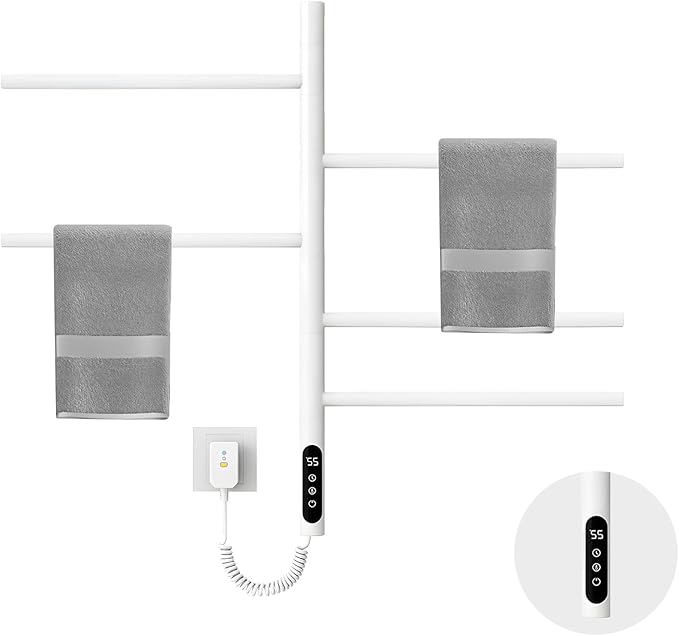 Electric Towel Warmer,5-Bar Rotating Heated Towel Rack,2-3 Minutes to 55°C/131°F,Wall Mounted Towel Warmer with Timer and Multi-Stage Temperature Regulation,Plug-in/Hard-Wired,White