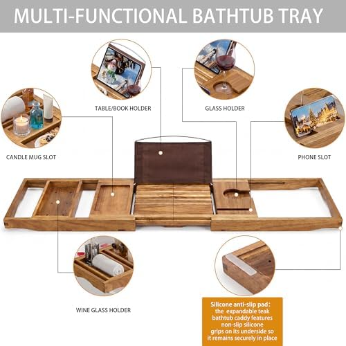 Bathtub Tray Caddy, Expandable Acacia Wood Bath Tray for Tub - Image 6