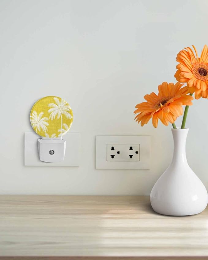 Night Lights Auto Sensor Tropical Palm Trees Night Light Yellow Linen Coastal Round Lamp Plug-in LED Nightlights Dusk to Dawn for Living Room Bedroom Bathroom Hallway Wall Decor