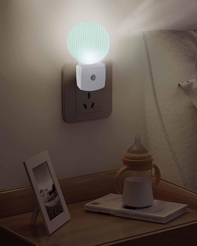 Night Lights Auto Sensor Teal Green Pinstripes Night Light Woven Denim Striped Round Lamp Plug-in LED Nightlights Dusk to Dawn for Living Room Bedroom Bathroom Hallway Wall Decor