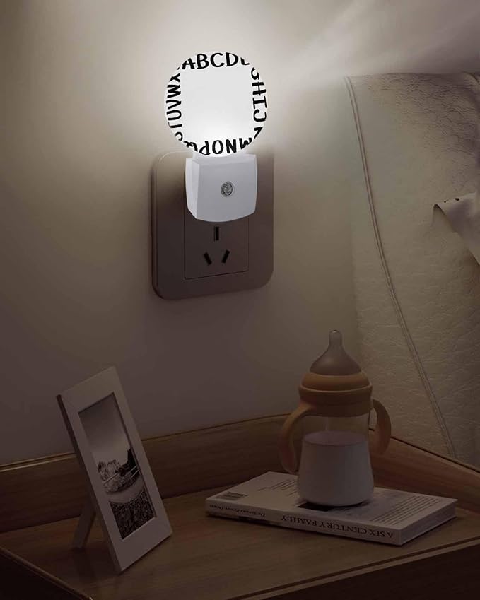 Night Lights Auto Sensor Alphabet Night Light Beige Modern Minimalist Letter Round Lamp Plug-in LED Nightlights Dusk to Dawn for Living Room Bedroom Bathroom Hallway Wall Decor