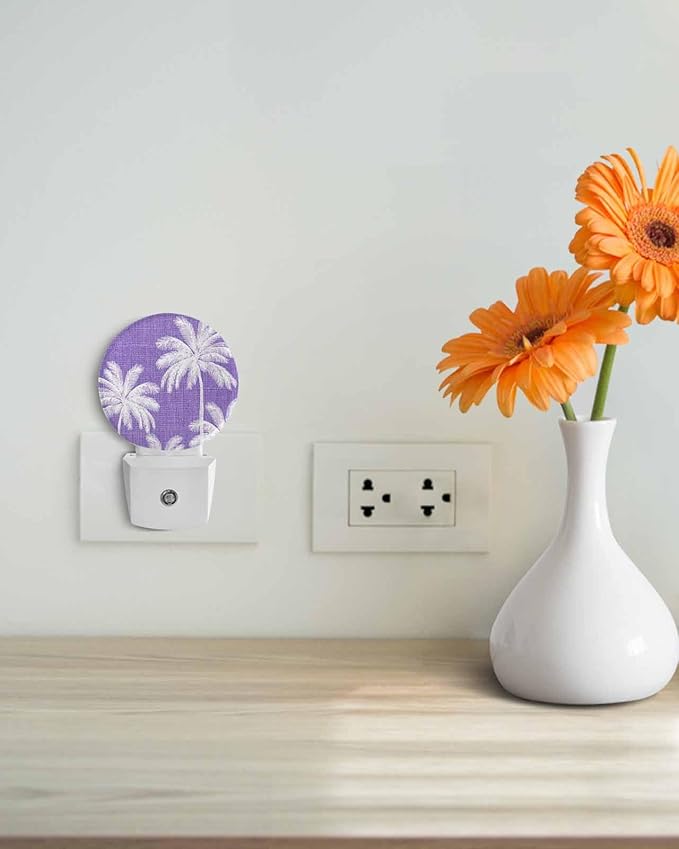Night Lights Auto Sensor Tropical Palm Trees Night Light Purple Linen Coastal Round Lamp Plug-in LED Nightlights Dusk to Dawn for Living Room Bedroom Bathroom Hallway Wall Decor