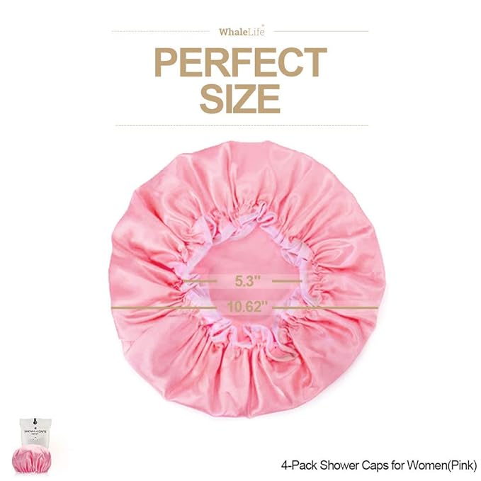 Shower Cap for Women Reusable Extra Large Shower Cap for Men (Pink 4 Pack Large) Satin Double Layer EVA Waterproof Long Hair Cap
