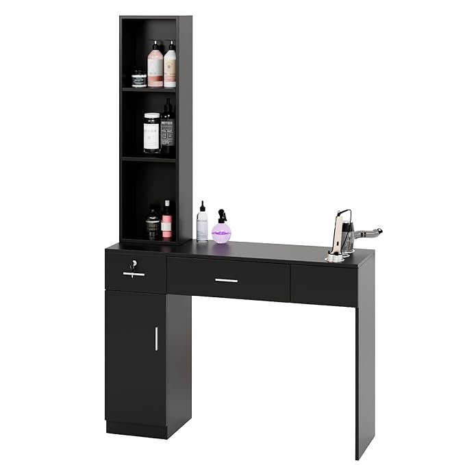 OmySalon Salon Stations for Hair Stylist, Locking Barber Station Organizer, Wall Mount Hair Styling Equipment with 2 Drawers, 1 Storage Cabinet, 3 Open Shelves, for Beauty Spa Hairdresser, Black