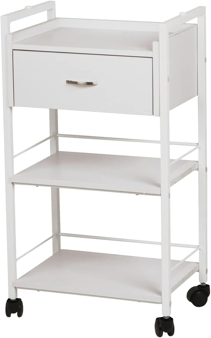 Buy-Rite Jenny Trolley Cart - 3-Tier Rolling Utility Cart for Spas, Estheticians & Salons, White Wood Organizer with Drawer, Open Shelves, Post Holes & Smooth Casters - Model TS-4205