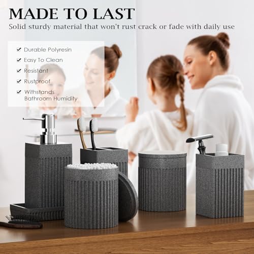 6-Piece Bathroom Set Grey - Stone Textured Resin Bathroom Organizer with Soap Dispenser, Toothbrush Holder, Vanity Tray, Tumbler & Cotton Swab Jars for Small Spaces - Image 3
