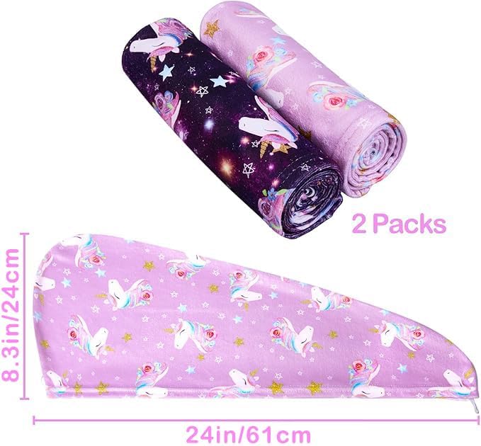 FIOBEE Microfiber Hair Towel Wrap for Kid Rapid Drying Towel Absorbent Hair Turbans for Wet Hair with Button Women Girls Long Curly Hair Pack of 2, Purple