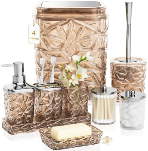 Bathroom Accessory Set, 9-Piece Brown Bathroom Set with Trash Can, Toilet Brush, Soap Dispenser, Soap Dish, Toothbrush Holder, Tumbler, Q-tip Holders & Tray, for Hotel/Apartment, Housewarming Gift by Unknown