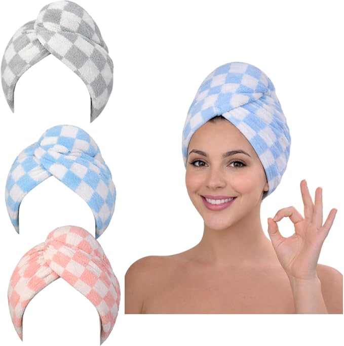 KELVO Microfiber Hair Towel Wrap for Women, 350 GSM Quick-Dry Hair Turban, Soft Anti-Frizz Towel for Curly, Long & Thick Hair, Lightweight Fast-Drying Head Wrap(3 Chess Mixed Color)