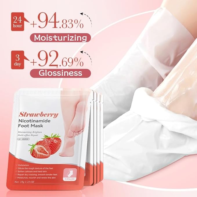 6-Pack Strawberry Nicotinamide Hand & Foot Mask (3 Hand/3 Foot,) - Home Spa Experience with PAS for Hands & Feet - Hydrating & Moisturizing, Strawberry Scent for Dry Rough Skin