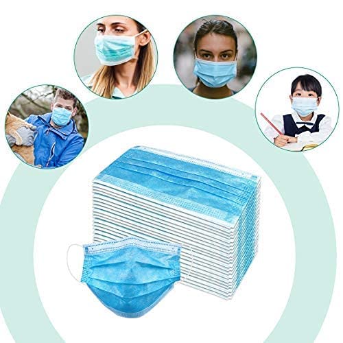 Wecolor 100 Disposable Face Masks for Adults, Outdoor, Hospital, Airport, Farm, Garden, Non-Woven Fabric and Meltblown Fabric, Soft, Comfortable Face Mask, Anti-Fog, Wide Earbands - Blue
