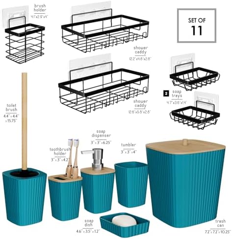 Clara Clark Bathroom Set - Teal Bathroom Accessories Set, 6PC Bathroom Accessory Set, Bathroom Sets with Adhesive Corner Shower Caddy Hanging, Toilet Brush, Trash Can & Soap Dispenser - Image 2