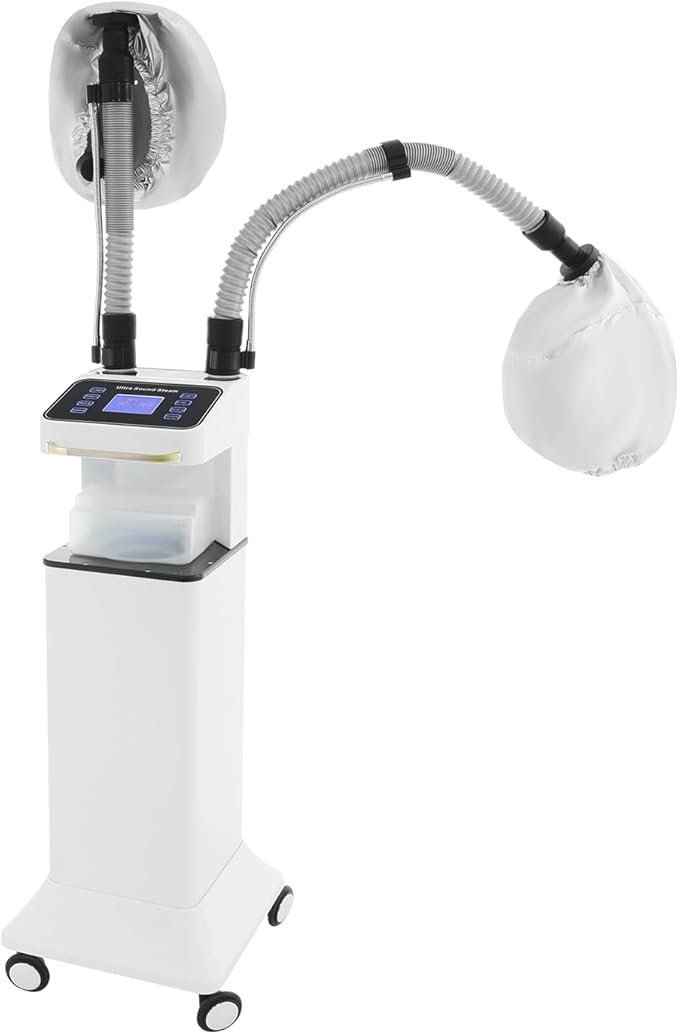 800W Nano Hooded Hair Steamer, Professional Micro Mist Hair Care Steamer with 2 Steam Caps, Salon Hair Deep Conditioning Machine with Adjustable TEM 33.8-167℉ & Timer for Home Salon SPA Use (White)