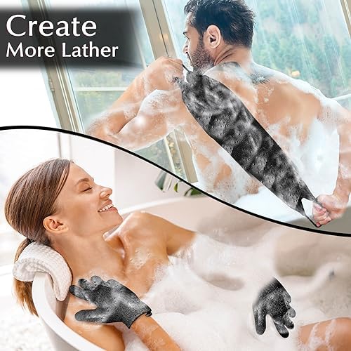 Anezus Exfoliating Back Scrubber Bath Gloves Set, Exfoliating Shower Towel with Shower Gloves for Body Scrub, Back Cleaner Wash Gloves to Remove Dead Skin (Black) - Image 2