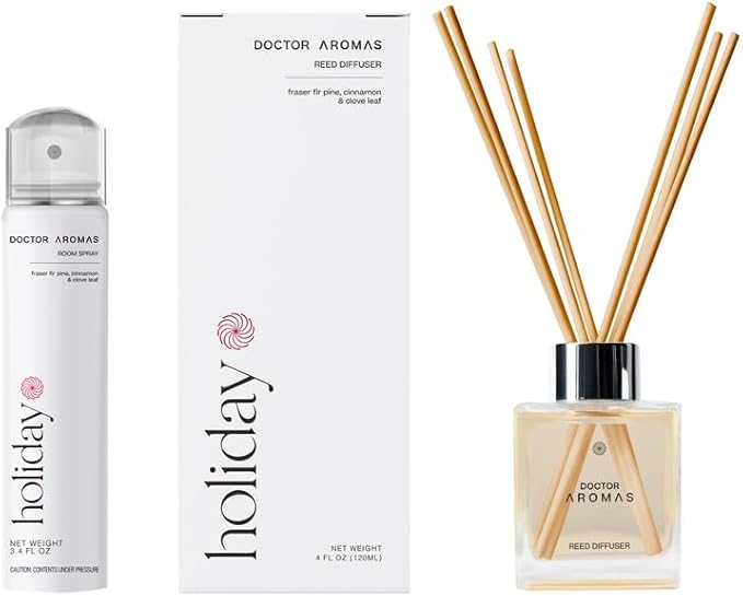 Doctor Aromas Aroma Set Essential Oil Natural Reed Aroma Wood Sticks Diffuser Glass Set – Elegant Scent for Home, Room or Bathroom, Décor, and Fresh Air Fragrance Aromatherapy Gift (Holiday)
