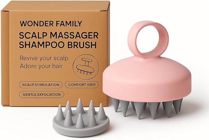 WONDER FAMILY Silicone Scalp Scrubber for Dandruff – Serum, Balm, & Hair Oil Applicator – Scalp Massager Hair Growth for Men, Women – Shampoo Massager Brush or Head Scratcher (Pink)