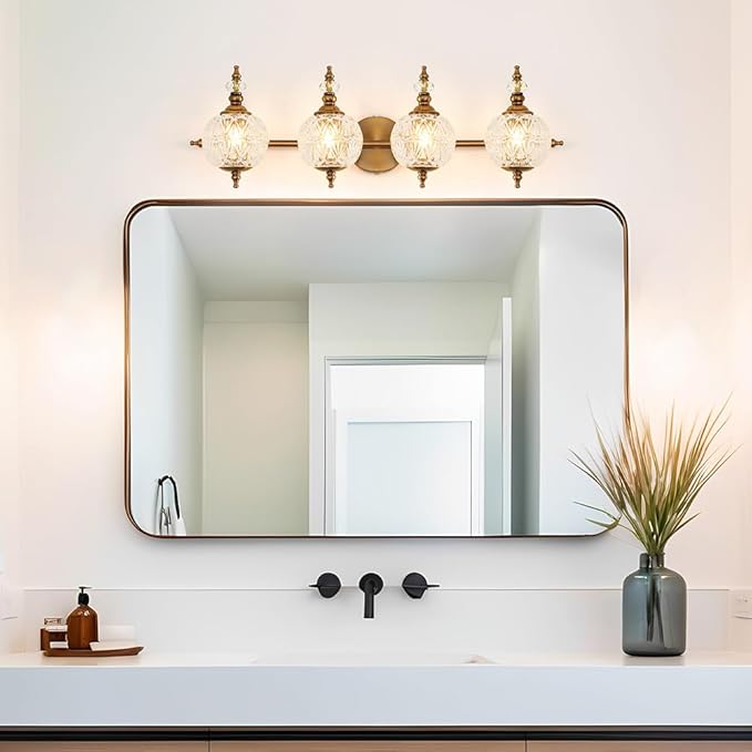 Brushed Gold Bathroom Vanity Light Fixture Vintage Style - 4 Light G9 Bulb Compatible, 30" Wide Bathroom Lighting Over Mirror with Hand-Etched Glass Shades, Easy Mount for Makeup Area