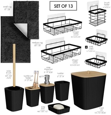 Clara Clark Bathroom Set - Black Bathroom Accessories Set, 6PC Bathroom Accessory Set, Bathroom Sets with Bathroom Rugs, Adhesive Corner Shower Caddy Hanging, Toilet Brush, Trash Can & Soap Dispenser - Image 2