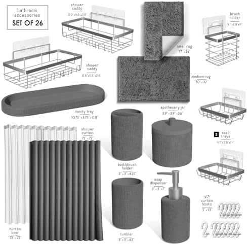 Clara Clark Grey Bathroom Set - Bathroom Sets with Shower Curtain and Rugs, 26PC Bathroom Accessory Set, Shower Curtain Set with Adhesive Corner Shower Caddy Hanging & Soap Dispenser - Image 2