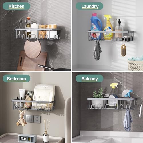 Veken Shower Caddy 6-Pack, No Drilling & Rustproof, Waterproof Adhesive Shelves Rack with Soap Holder, Large Capacity Bathroom Organizers and Storage, Wall-Mounted Kitchen & Home Decor, Silver Gray - Image 7
