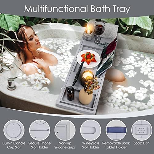 Foldable Bathtub Tray Caddy with Soap Dish Adjustable 29.5-43'' Grey - Image 2