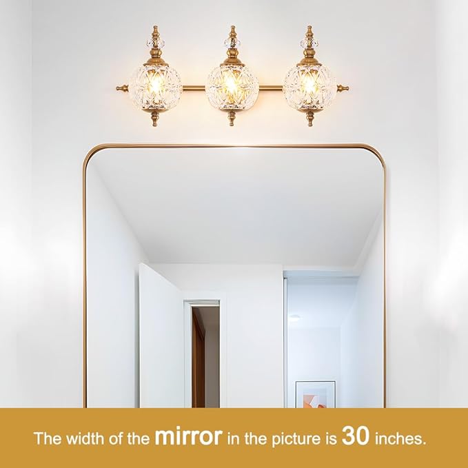 Brushed Antique Brass Bathroom Vanity Light Fixture Vintage Style - 3 Light G9 Bulb Compatible, 23" Wide Bathroom Lighting Over Mirror with Hand-Etched Glass Shades, Easy Mount for Makeup Area