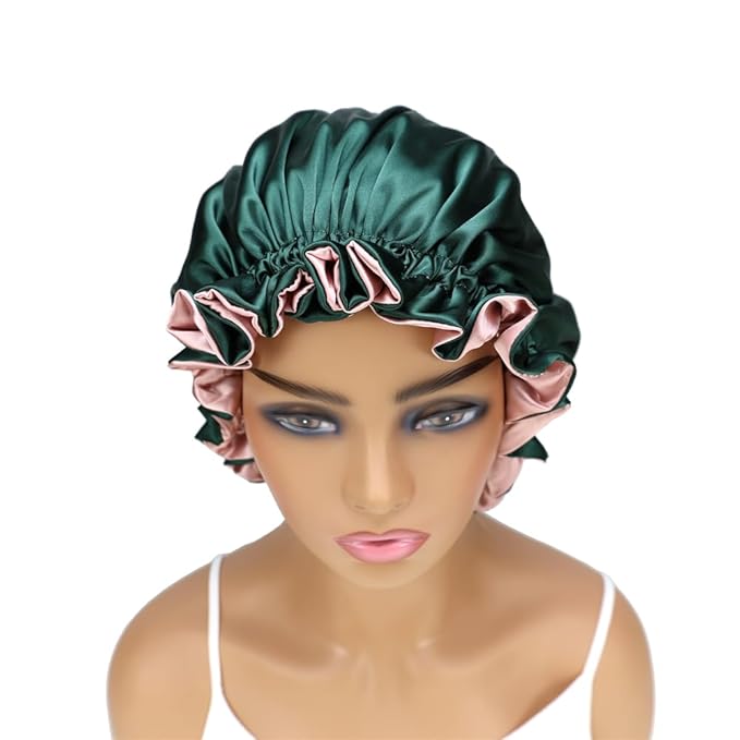 Adjustable Silk Satin Bonnet Hair Care Caps for Women Girls Loose-fitting Reversible Sleeping Cap Shower Caps Hair Wrap Bonnets (003 Spruce/Blush)