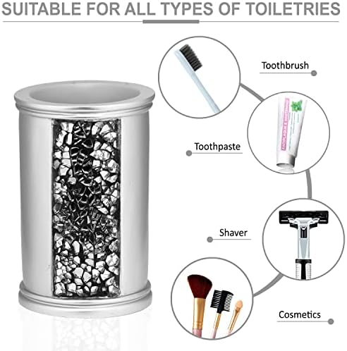 Zahari Home 4pc Sinatra Stylish Bathroom Accessories Set Liquid Soap Dispenser, Tumbler, Tooth Brush Holder and Soap Dish Modern Classic Luxury Decor Bling Mosaic Glass Silver Bathroom Accessories - Image 5