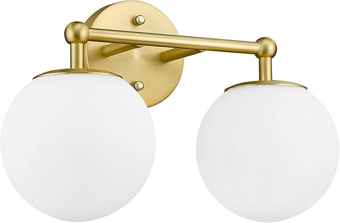 AKEZON Gold Bathroom Light Fixtures, 2-Light Vanity Lights Over Mirror Wall Sconce with Milky White Frosted Glass Shade, Mid Century Farmhouse Vanity Lighting for Bedroom Hallway