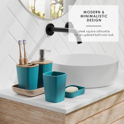 Clara Clark Bathroom Set - Teal Bathroom Accessories Set, 6PC Bathroom Accessory Set, Bathroom Sets with Adhesive Corner Shower Caddy Hanging, Toilet Brush, Trash Can & Soap Dispenser - Image 3