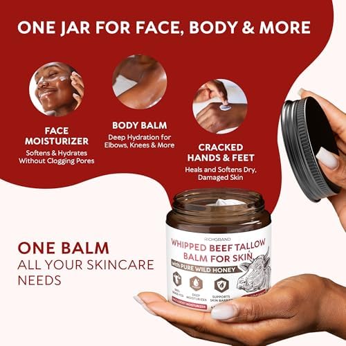 RICHGRAND Beef Tallow for Skin 2 Pack - Whipped Tallow and Honey Balm - Grass Fed Beef Tallow for Face, Daily Moisturizer & Body Butter - Natural Non Comedogenic Skincare (8.6 oz) - Image 5