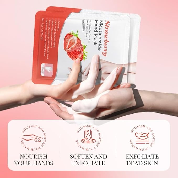 6-Pack Strawberry Nicotinamide Hand & Foot Mask (3 Hand/3 Foot,) - Home Spa Experience with PAS for Hands & Feet - Hydrating & Moisturizing, Strawberry Scent for Dry Rough Skin