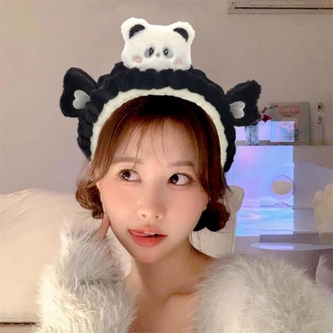 Kawaii Spa Headband，Cute Bear Headband for Women Skin Care, Makeup and Wash - Soft Microfiber Coral Fleece Towel Headband for Girls Hair（Black,Bear）