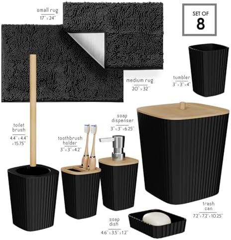 Clara Clark Bathroom Set - Black Bathroom Accessories Set, 6PC Bathroom Accessory Set, Bathroom Sets with Bathroom Rugs, Toilet Brush, Trash Can & Soap Dispenser - Image 2