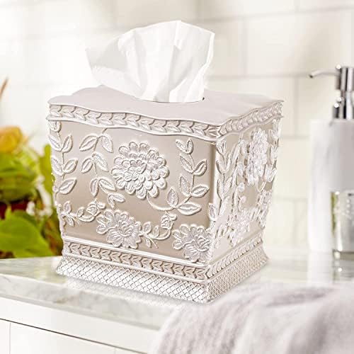 Zahari Home 2pc Rose Vine Bathroom Set Waste Basket & Tissue Cover Modern Classic Decor Stylish Unique Design Beautiful Beige Bathroom Accessories Set - Image 3