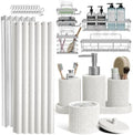 Clara Clark Bathroom Set - White Bathroom Accessories Set, 24PC Bathroom Accessory Set, Bathroom Sets with Shower Curtain Set, Adhesive Corner Shower Caddy Hanging & Soap Dispenser by ClaraClark