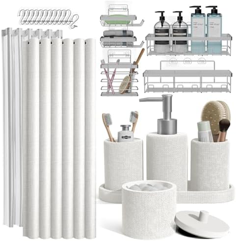 Clara Clark Bathroom Set - White Bathroom Accessories Set, 24PC Bathroom Accessory Set, Bathroom Sets with Shower Curtain Set, Adhesive Corner Shower Caddy Hanging & Soap Dispenser by ClaraClark