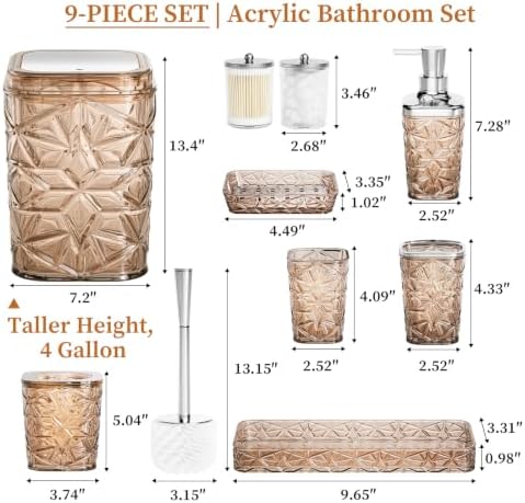 Bathroom Accessory Set, 9-Piece Brown Bathroom Set with Trash Can, Toilet Brush, Soap Dispenser, Soap Dish, Toothbrush Holder, Tumbler, Q-tip Holders & Tray, for Hotel/Apartment, Housewarming Gift - Image 2