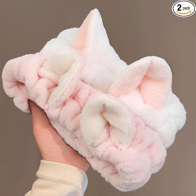 Huachi 2 Packs Cute Cat Ears Spa Headband for Washing Face Makeup Skincare, Kitty Animal Headbands for Women Girls Trendy Stuff Gifts Soft Coral Fleece Facial Wash Hair Accessories (White + Pink)
