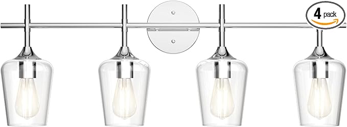 Ralbay Chrome Bathroom Vanity Light - 4 Light Industrial Farmhouse Style, Clear Glass, Over Mirror