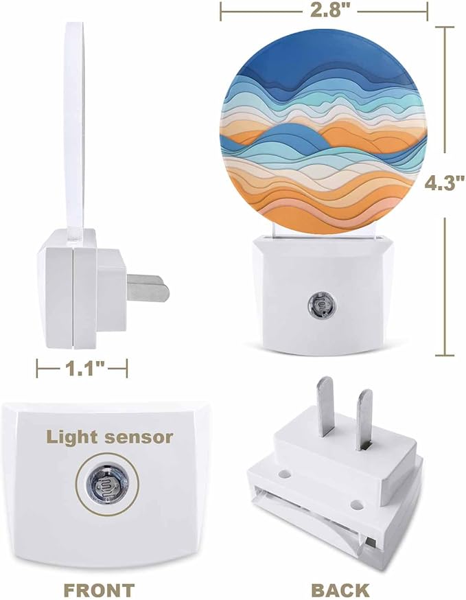 Night Lights Auto Sensor Ombre Orange Blue Night Light Abstract Mountain Waves Lines Round Lamp Plug-in LED Nightlights Dusk to Dawn for Living Room Bedroom Bathroom Hallway Wall Decor