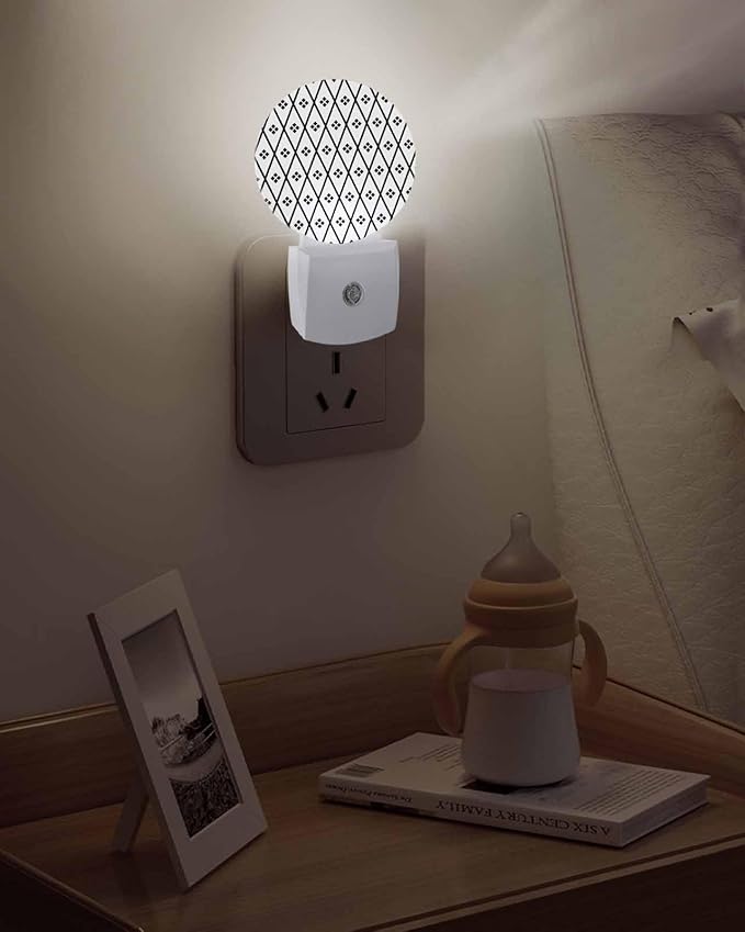 Night Lights Auto Sensor Black White Diamond Night Light Geometric Rhombus Round Lamp Plug-in LED Nightlights Dusk to Dawn for Living Room Bedroom Bathroom Hallway Wall Decor