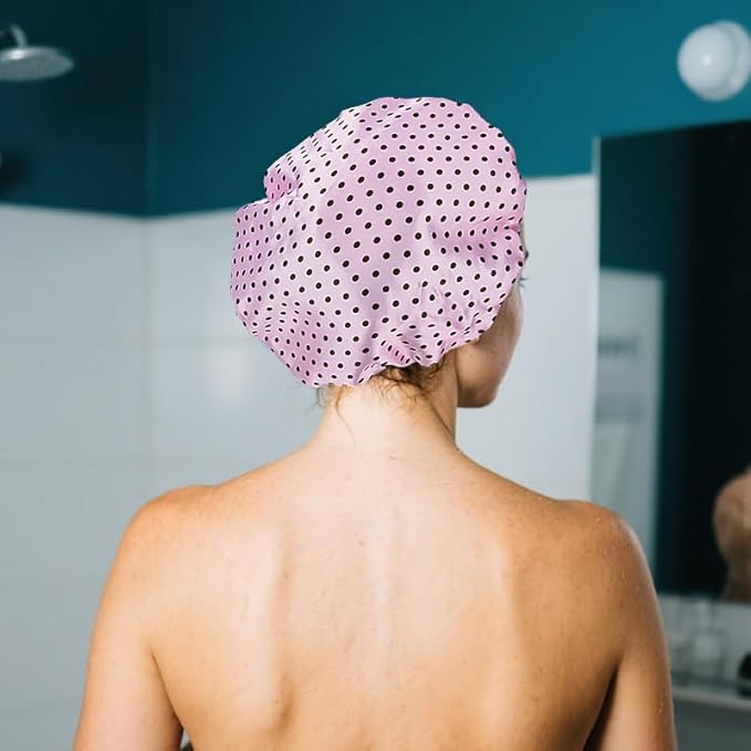 Vintage Polka Dot Shower Cap for Long Short Hair Caps for Shower Reusable Waterproof Double Layer Bath Cap for Women Adjustable Pink Polka Dot Print Bath Caps for Braids Womens Christmas Gift Ideas