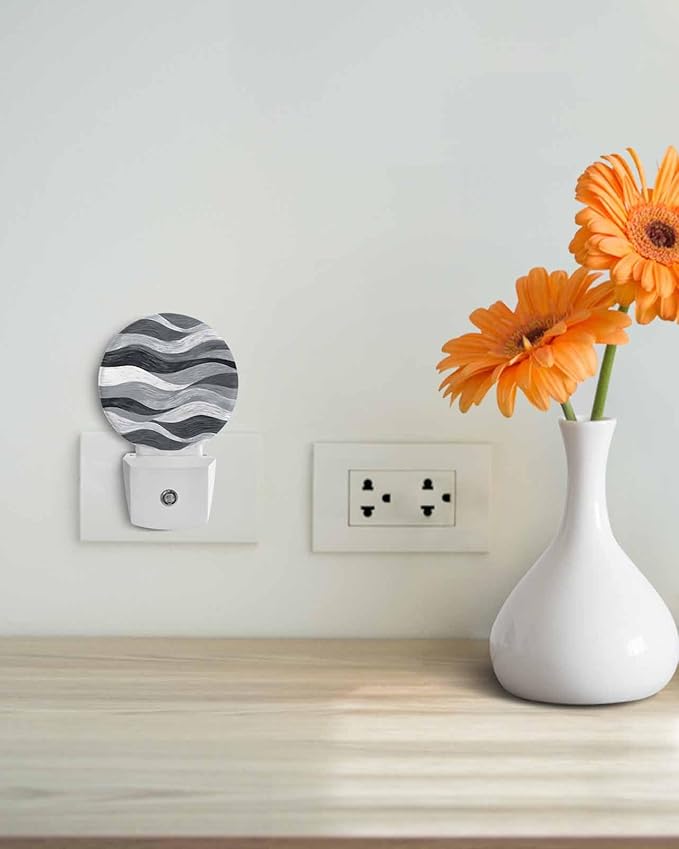 Night Lights Auto Sensor Grey Ocean Waves Night Light Abstract Mountain Stripes Round Lamp Plug-in LED Nightlights Dusk to Dawn for Living Room Bedroom Bathroom Hallway Wall Decor