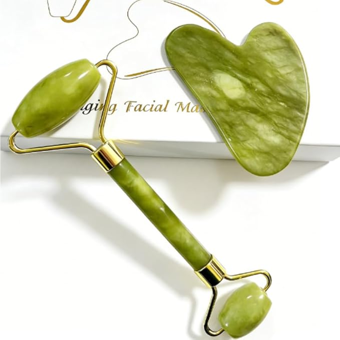 Jade Facial Roller & Gua Sha Set – Natural Stone Skincare Tools for Men & Women – Promotes Muscle Relaxation & Blood Circulation – Premium Self-Care Gift