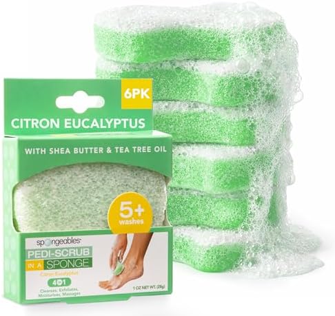 Spongeables Pedi Scrub Foot Exfoliating 5+ Wash Sponge, Citron Eucalyptus, 6 Count by Spongeables