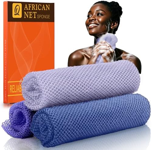 UJFQBH Authentic African Net Sponge 3 Pack, Exfoliating Body Scrubber for Gentle Daily Exfoliation, Deep Cleansing Back Scrubber for Hard to Reach Areas, Quick Drying Shower Essential Ocean Blue by BuyNow
