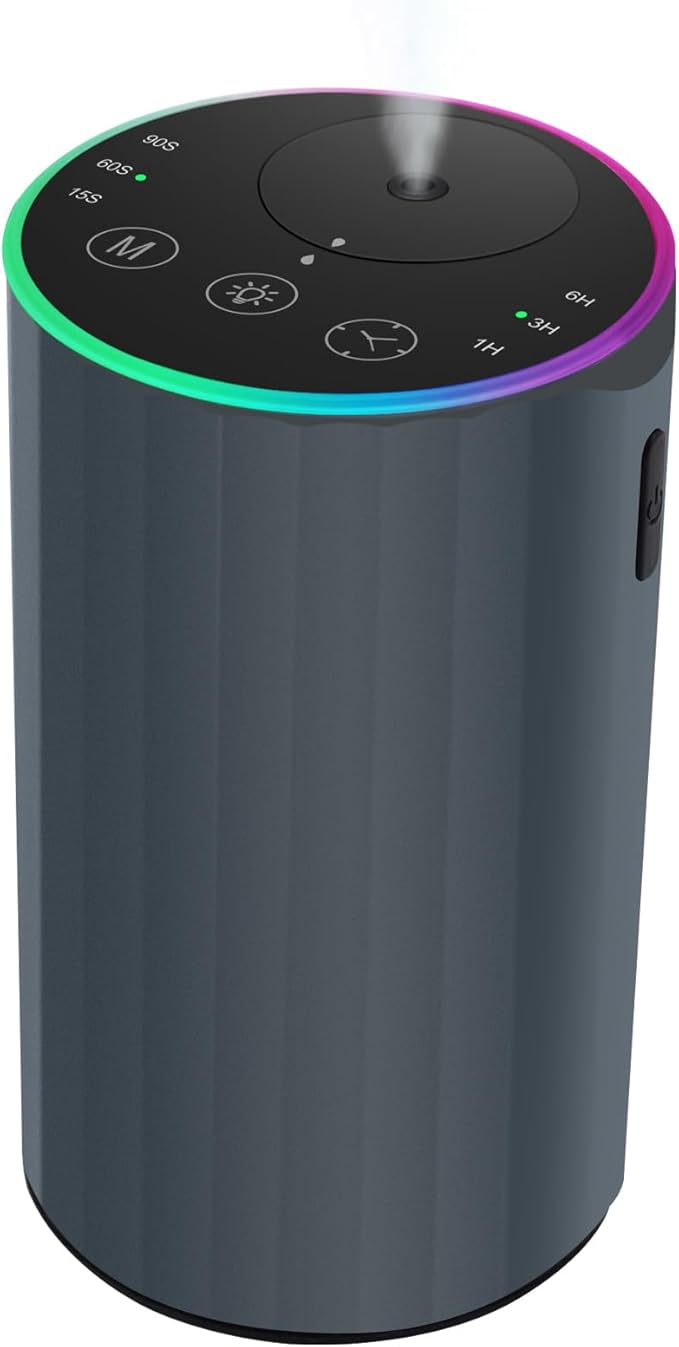 Waterless Essential Oil Diffuser, 7 Colors LED Light, Battery Powered Mini Scent Air Machine, Aromatherapy Mist Diffuser for Home Room Car Office，Black Aluminum Alloy (Black) (Gray2)