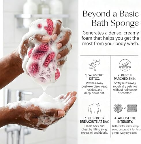 UJFQBH African Net Sponge Authenti, Exfoliating Body Scrubber for Back and Hard to Reach Areas, Gentle Daily Exfoliation for Deep Cleansing, Quick Drying Shower Essential, Berry Pink 3 Pack - Image 3